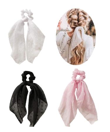 SCRMROIA 3 Packs Scarf Scrunchies Polka Dot Daisy Flower Hair Scarf Scarves Satin Silk Long Tails Scrunchy Bowknot Hair Bands Elastics Ponytail Holder Donut Hair Ties for Women Girls (Style 1) - Buy Online on GoSupps.com
