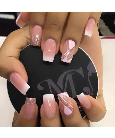 French Tip Press on Nails - Short Square Press On Nails with Nail Tips Sparkling pink plaid pattern Design gradient pink press on nails Acrylic False Nails Cute Artificial Nails