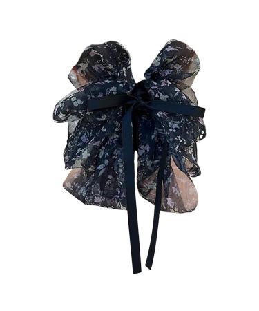 Smbcgdm Cute Hair Clip Ribbon Non-slip Ponytail Claw with Elegant Sweet Floral Print Large Bowknot Decor Girl Crabs Black