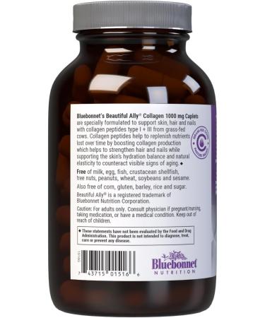 Bluebonnet Nutrition Beautiful Ally Collagen Caplets Hydrolyzed Collagen from Grass Fed Cows Collagen Peptides Type 1 & 3 Non GMO Gluten Free Soy Free Milk Free 90 caplets 90 Day Supply - Buy Online on GoSupps.com