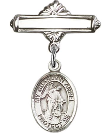 Sterling Silver Polished Baby Badge Bar Pin with Charm, 11/16 Inch Guardian Angel