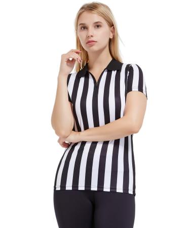 FitsT4 Women's Official Black & White Stripe Referee Shirt Zipper Collared V-Neck Referee Jersey Short Sleeve Ref Tee Shirt for Refs, Waitresses & Costume Black & White Small