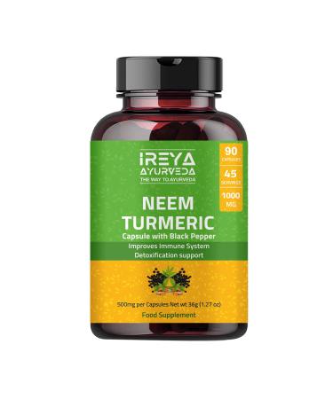 Neem Turmeric Capsules with Black Pepper Neem Herbal Supplement, Ayurvedic Herbal Cleanser, Detoxification, Enhances Skin Health and Boosts Immunity (90 Capsules) 90 Count (Pack of 1)