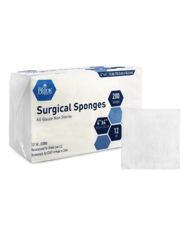 Medpride Gauze Surgical Sponge | 4x 4| 12-ply Extra Absorbent Sponges| Value Pack of 200| All-Gauze, Non-Sterile| Great for Wound Dressing, Prepping, Scrubbing & Cleaning| Essential First-Aid