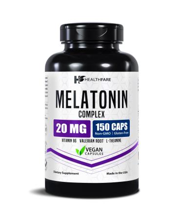 Healthfare Melatonin 20mg | 150 Veg Capsules | Complex with L-Theanine | Valerian Root & Vitamin B6 | Vegetarian Formula | Non-GMO | Gluten-Free | Made in The USA 150 Count (Pack of 1)
