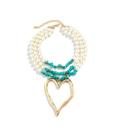 Oralgo's heart-shaped collarbone necklace retro pearls choker for women adjustable chain turquoise fashionable accessories art pearls and alloy