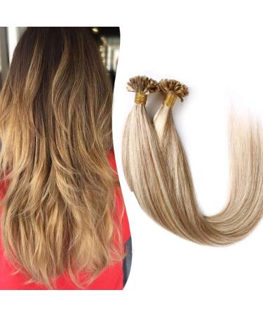 SEGO SONNGING Extensions real hair 0.5g/strands 100 strands hair extension keratin u-tip glue 100% remy human hair white brown/light blond #12p613 40 cm (50 g)