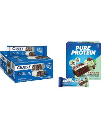 Quest Cookies & Cream Hero Protein Bar with 18g Protein Pure Protein Chocolate Mint Cookie Bar with 19g Protein 12 Count Each