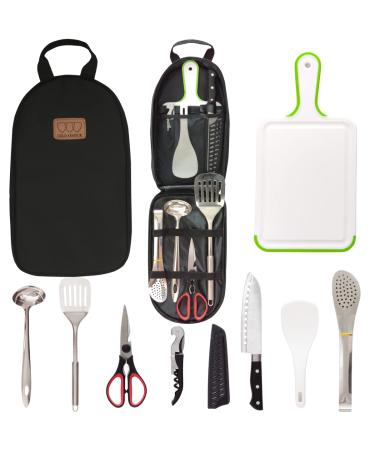 Gold Armour Camp Kitchen Utensil Organizer Travel Set Portable BBQ Camping Cookware Stainless Steel Utensils Travel Kit Outdoor Equipment Cutting Board Tongs Scissors Knife Ladle Spatula Black