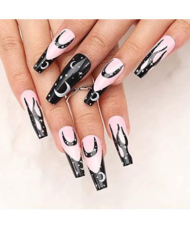 Vatocu coffin false nail long pink fake nails flame tai chi press on nails black white full cover ballerina acrylic stick on nails for women and girls (24 pieces) (black 7)