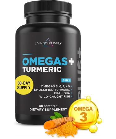Livingood Daily Omega 3 6 9 Plus Turmeric Curcumin - Omega 3 Supplement (EPA & DHA) - Supports Heart Health - Supplements - 60 Softgels