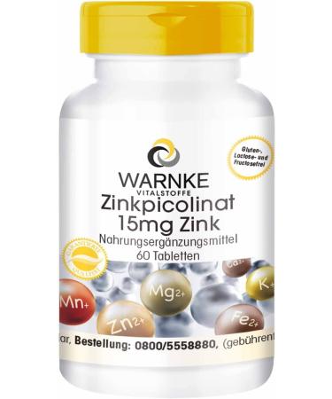 Zink tablets - 15mg zinc per tablet - high dose & vegan - from zinc picolinate - 60 tablets |Warnke vital substances - German pharmacy quality