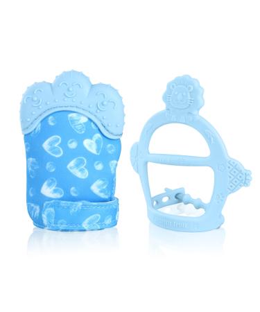 Vicloon Silicone Teething Mitt  2Pcs Baby Teething Mitten  Baby Teething Toy with Adjustable Strap  Crinkle Sound and Textured  Baby Teething Mitten Self Soothing Baby Chew Toys for 0-6month Infants Blue