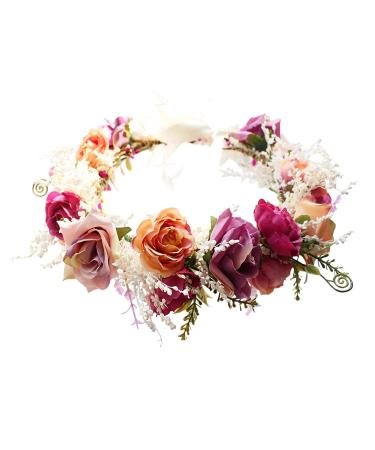DDazzling Women Flower Headband Wreath Crown Floral Wedding Garland Wedding Festivals Photo Props (Purple Pink Ivory)