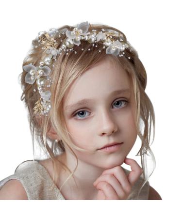 LORCOO Flower Girl Headpiece  Flower Girl Pearl Headband Flower Crown for Girls and Women First Communion Wedding Birthday Party Photography Prom Hair Accessories (Gold)