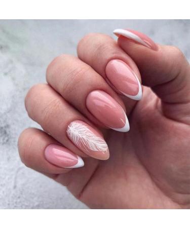 JUSTOTRY 24 Pcs Stiletto False Nails Short with Plume Pattern White French Press on Nails Nude Fake Nails Short with Nail Glue Almond Stick on Nails for Women Nails Fake Nail for Nails Art white&plume 1