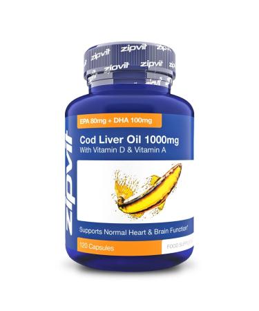 Cod Liver Oil 1000mg 120 Softgels. EPA 80mg DHA 90mg. 4 Months Supply. Supports Heart Brain and Eye Health Jar of 120 Softgel Capsules