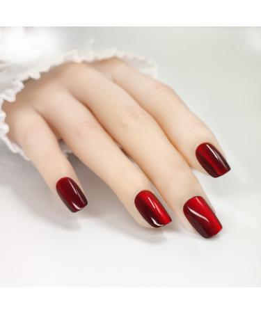 Cat Eye Short Squoval Nails - Shimmery Ruby Red Press-On False Nails | 24 Reusable Fake Nails with Adhesive Tabs - International Shipping Available - Buy Online on GoSupps.com