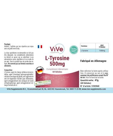  ViVe Supplements L-Tyrosine 500 mg - 60 capsules - high dosed - proteinogenic amino acid - German quality ViVe Supplements - Buy Online on GoSupps.com