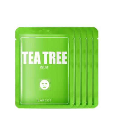 LAPCOS Tea Tree Sheet Mask, Daily Soothing Face Mask, Treats Acne & Clears Pores, Korean Beauty Favorite, 5-Pack