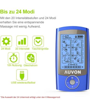 Auvon TENS Device - Rechargeable Pain Relief Stimulator | 24 Programs 2 Channels 10 Premium Electrode Pads (Blue) - Buy Online on GoSupps.com