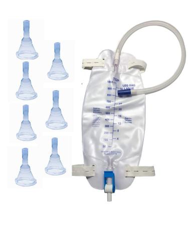 Male Complete Kit Urinary Incontinence 7-Condom Catheters External Self-Seal Premium Leg Bag (1000ml)with 18" Tubing Straps & Fast and Easy Draining (31mm (Intermediate)) 8 Piece Set 31mm (Intermediate)