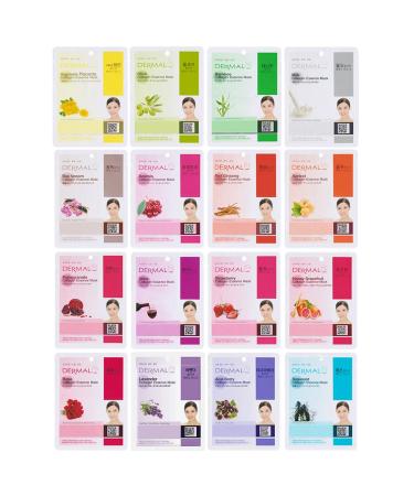 DERMAL Collagen Essence Full Face Facial Mask Sheet 16 Combo Pack B - Nature Made Freshly Packed Korean Face Mask The Ultimate Supreme Collection for Every Skin Condition Day to Day Skin Concerns