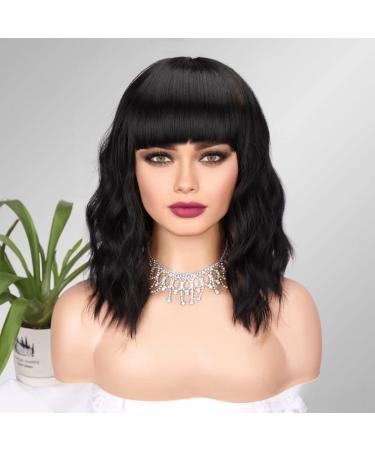Chic 14 Inch Natural Black Bob Wig with Bangs for Women - Elegant Short Curly Wavy Hair Extensions - Buy Online on GoSupps.com