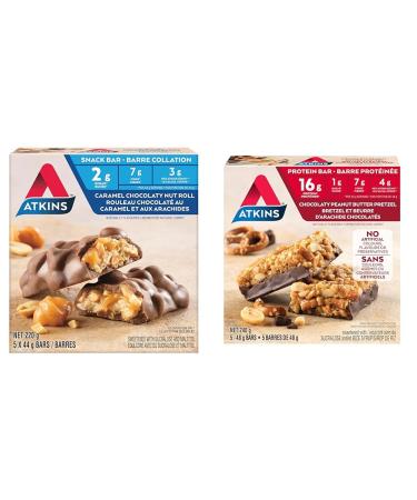 Atkins Snack Bars - Caramel Chocolaty Nut Roll Low Sugar Keto-Friendly High Fibre 2g Sugar 3g Carbs 5ct & Protein Bars - Chocolaty Peanut Butter Pretzel Low Sugar Keto Friendly High Protein Caramel Chocolaty Nut Roll+Protein Bars 5ct