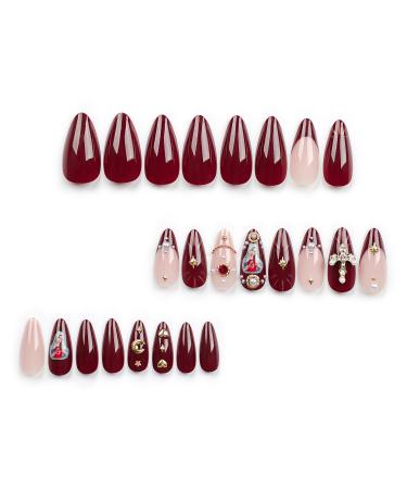 Shop Medium Press on Nails - Almond Acrylic Nails with Gold Burgundy French Tips & 3D Charms - Perfect Glue on Nails for Women - Buy Online on GoSupps.com