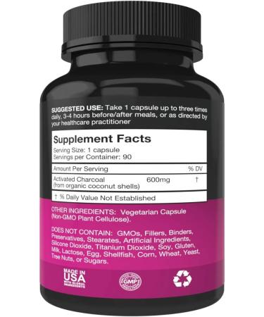 Pure Organic Activated Charcoal Capsules - 600mg | 90 Veggie Capsules for Gas, Bloating, Teeth Whitening & More - Buy Online on GoSupps.com