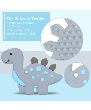 Dinosaur Teething Toy Set | Baby Teether Pain Relief + Pacifier Clip Holder | 3-12 Months | Freezer Safe | Neutral Shower Gift (Grey) - Buy Online on GoSupps.com
