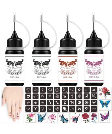 Temporary Tattoo Set  4Pcs with Three Colors  40 Pcs Adhesive Stencil  20 Sheets Flowers Butterfly Temp Tattoo Stickers for Women Men (2Black  1Red 1Purple) Black_Red_Blue