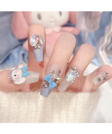 24 Pcs Blue & Nude Press on Nails Medium Coffin Square - BHLFRH Ballerina Fake Nails Press ons Nail Art Tip Full Cover Acrylic False Nails Glue on Nails with Rhinestone Bow Charms Design Stick on Nail Design B