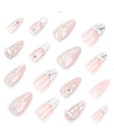 24 Pcs French Tip Press on Nails - Acrylic Medium Fake Nails with 3D Bow & Heart Charms | Stiletto & Almond Shape - Full Cover & Reusable for Women & Girls - Buy Online on GoSupps.com