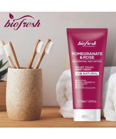 Biofresh cosmetics Via Natural hand cream velvety touch with pomegranate and rose panthenol resveratrol anti-aging hand cream 50 ml - Buy Online on GoSupps.com