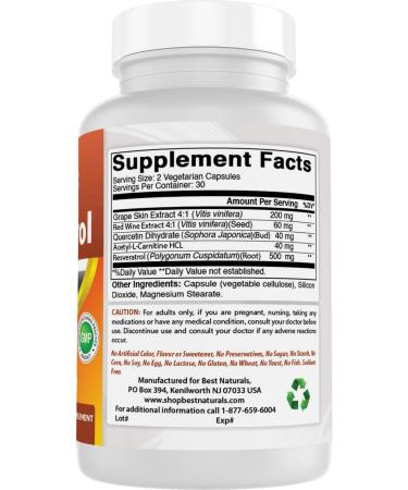 Best Naturals 2 Packs Resveratrol Complex 500 mg 60 Veg Capsules Made with Grape Skin Red Wine Quercetin - Gluten Free & Non GMO - (Total 120 Capsules) - Buy Online on GoSupps.com