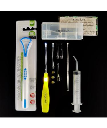 Airgoesin Professional Tonsil Stone Remover Tool LED Light (Yellow) | Stainless Steel Tonsillolith Pick Oral Care | Irrigation Syringe | Tongue Cleaner Scraper B: Yellow