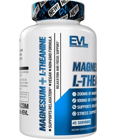Evlution Nutrition Magnesium + L-Theanine - Natural Relaxation & Focus Support - 200mg Magnesium + 100mg L-Theanine - Vegan & Non-GMO - Dietary Supplement - 45 Servings - 90 Veggie Capsules - Buy Online on GoSupps.com