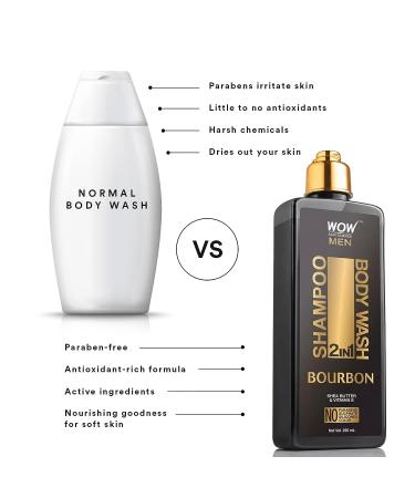 WOW Skin Science Bourbon 2-in-1 Body Wash & Shampoo - Moisturizing Men's Body Wash for Dry Skin, Acne, with Shea Butter & Vitamin E - 250ml - Buy Online on GoSupps.com