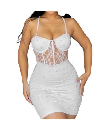 Beaded lace strap camisole hip skirt spring knitted sexy back body dress dance dress teenager white S