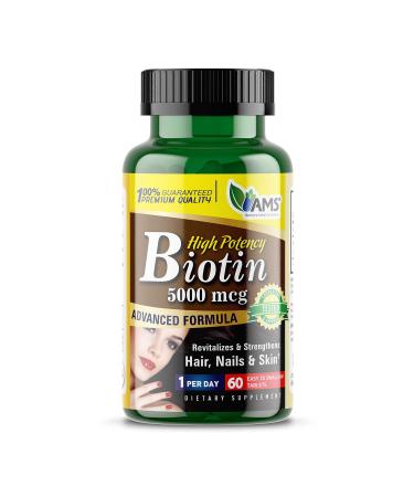 America Medic & Science High Potency Biotin 5 000 mcg | Vitamin B7 Dietary Supplement for Men and Women | Hair Growth Support | for Healthy Skin Nails and Metabolism 60 Count (Pack of 1)