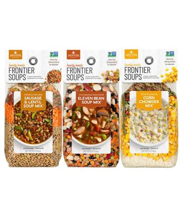Frontier Soups Hearty Meals 3 Flavor Variety Bundle: (1) Indiana Harvest Sausage & Lentil, (1) Minnesota Heartland 11-Bean and (1) Illinois Prairie Corn Chowder, 16 oz each (3 Bags Total)