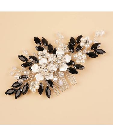 Kercisbeauty Black Crystal Silver Hair Comb Wedding Bridal Hair Accessories with Rhinestones Shiny Handmade Jewelry for Women Girls (Black)