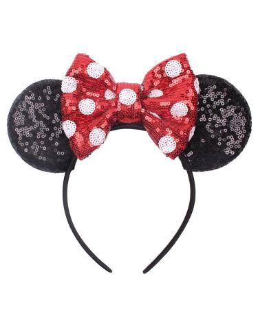 JIAHANG Mic Mouse Ear Headband Sequin Bow Costume Headwear Polka Dot Princess Headpiece for Women Girls Polkadotbow Red