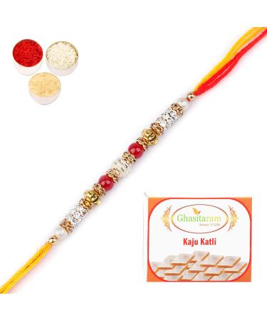 Ghasitaram Gifts Rakhi for Brother Rakhis Online - 6981 Fancy Thread Rakhi with 200 GMS of Kaju katli