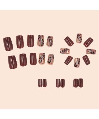 Buy MISUD Short Square Press on Nails - Glossy Brown Acrylic Fake Nails with Gold Foil Design | 24 Pcs - Perfect for Autumn & Fall Style - Buy Online on GoSupps.com