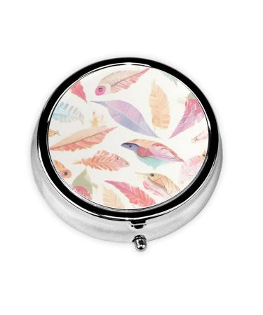 Coloured Feathersround Pill Box 3 Compartment Round Pill Box Organizer * Portable Travel Pill Box for Traveling.
