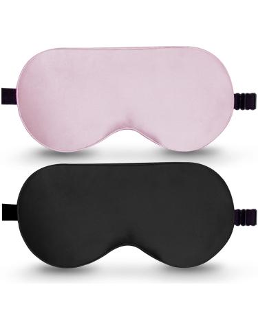 Silk Sleep Mask, 2 Pack 100% Real Natural Pure Silk Eye Mask with Adjustable Strap, Eye Mask for Sleeping, BeeVines Eye Sleep Shade Cover, Blocks Light Reduces Puffy Eyes Gifts 01-black & Pink