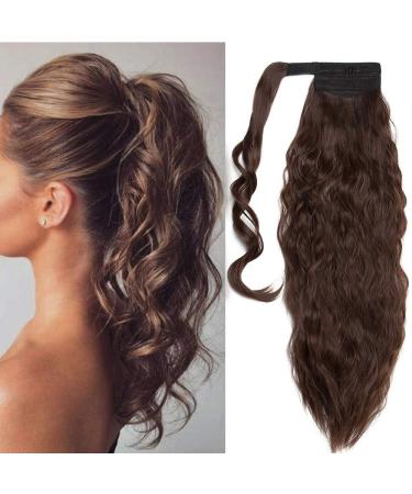20" Inch Synthetic Wrap Around Ponytail Magic Tape Yaki One Piece Ponytail Hair Extension Corn Wave Ponytail Hairpiece - Medium Brown Corn Wave 20 Medium Brown